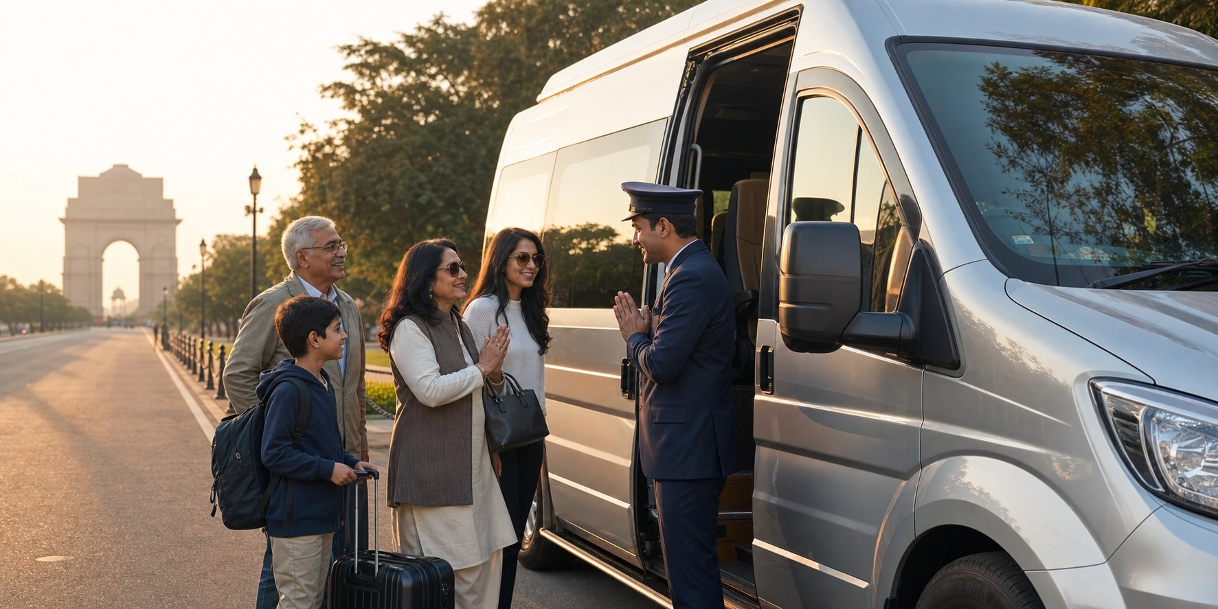 Professional chauffeur welcoming a family to a premium Urbania journey near India Gate in Delhi