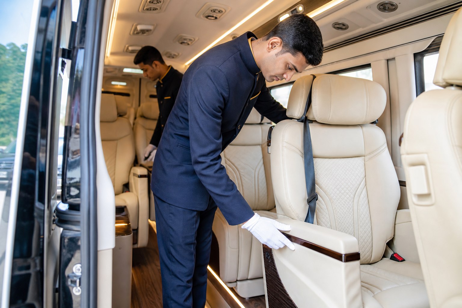 Urbania in Delhi team inspecting luxury seats and safety equipment before a trip